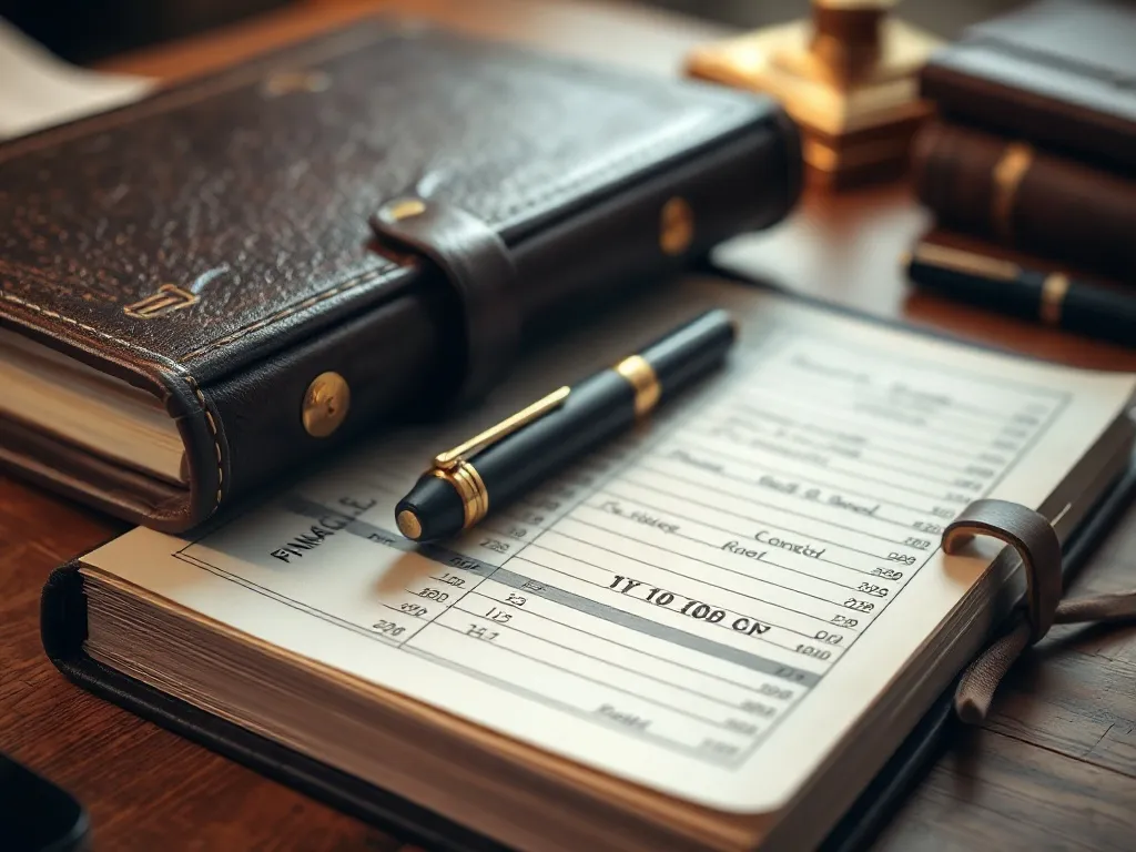 A high-quality close-up of a vintage leather-bound financial