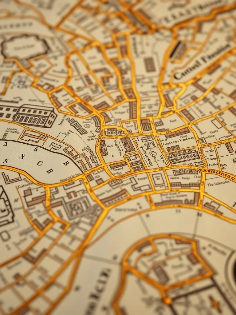 A high-quality close-up of an ancient city map with gold lea