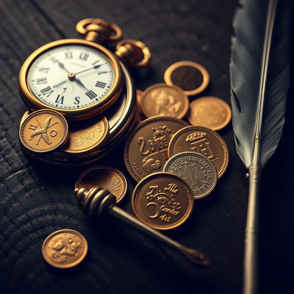 An artistic close-up of old gold coins, a vintage pocket wat