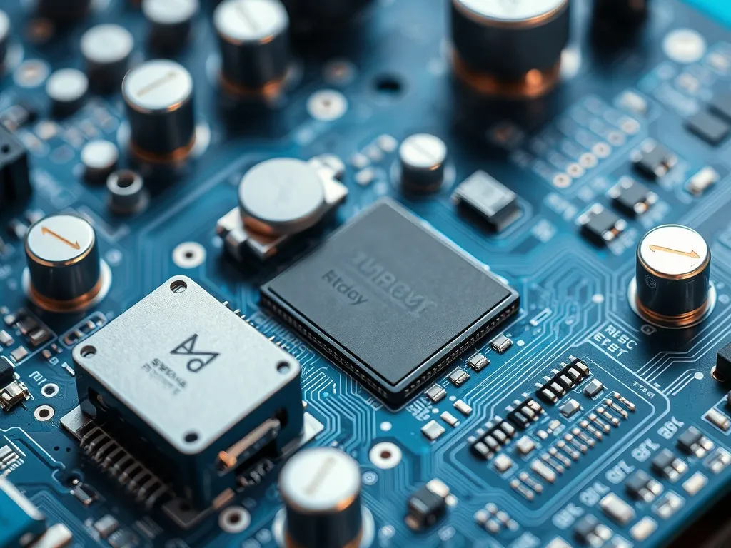 Electronic circuit board with silver components, high-tech e