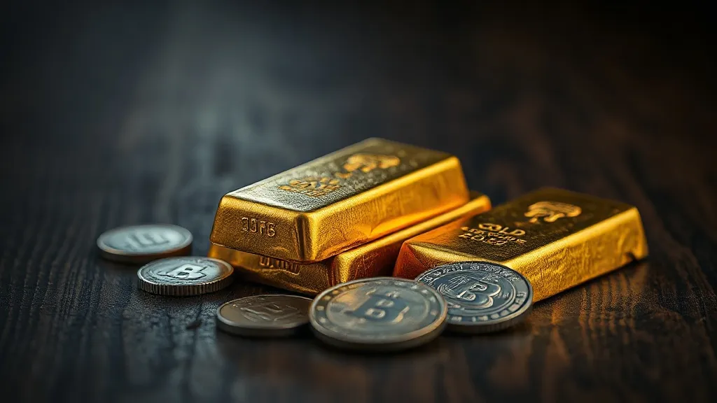 Close-up of gold bars and silver coins on a dark wooden tabl